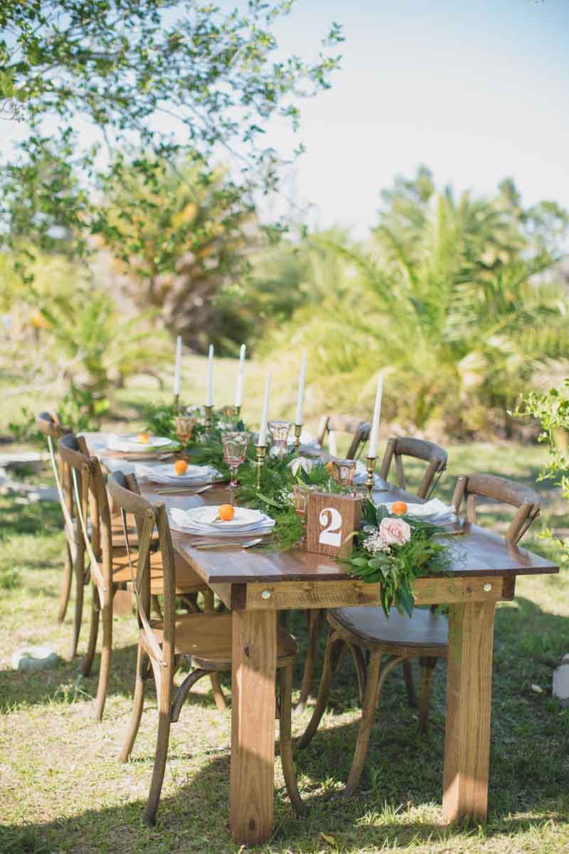 wedding reception rustic farm table with greenery garland 