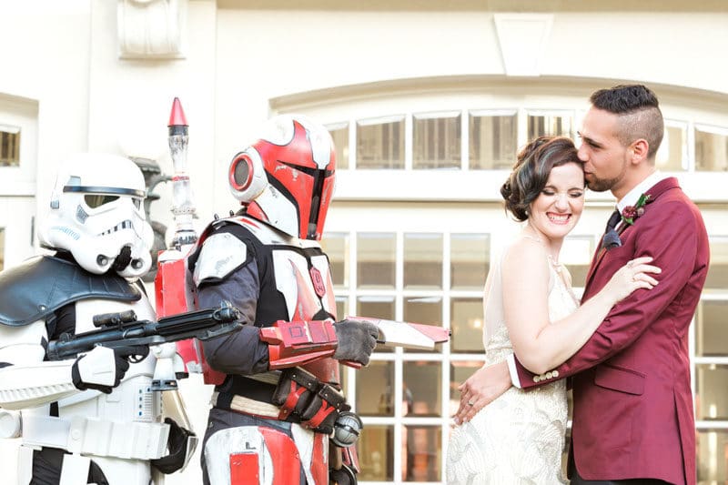 Bride and Groom next to Storm Troopers