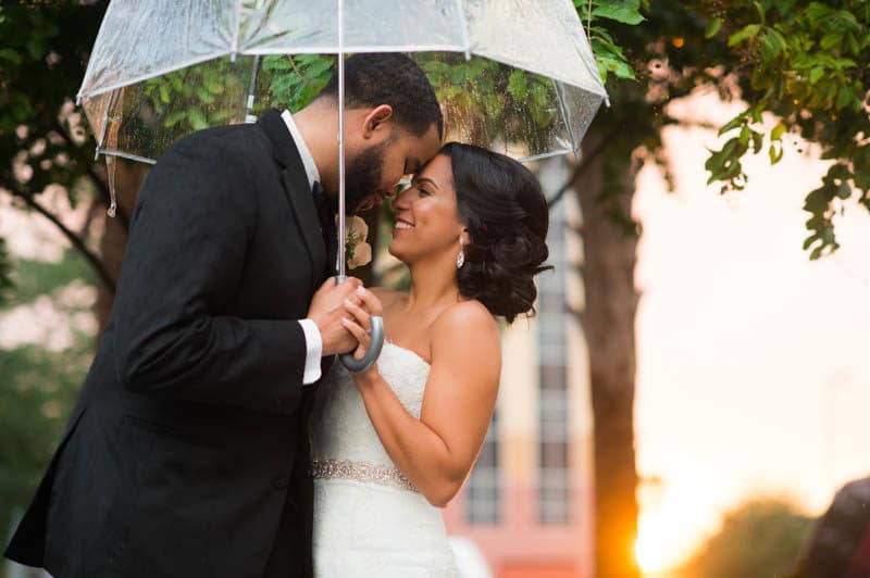 Couple face to face smiling under a clear umbrella