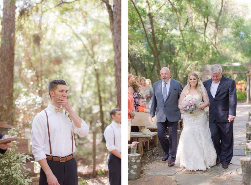 groom crying as bride walks up the aisle with father