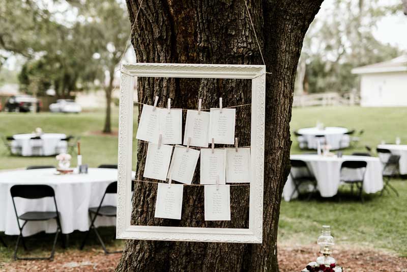 framed with escort cards hanging from tree
