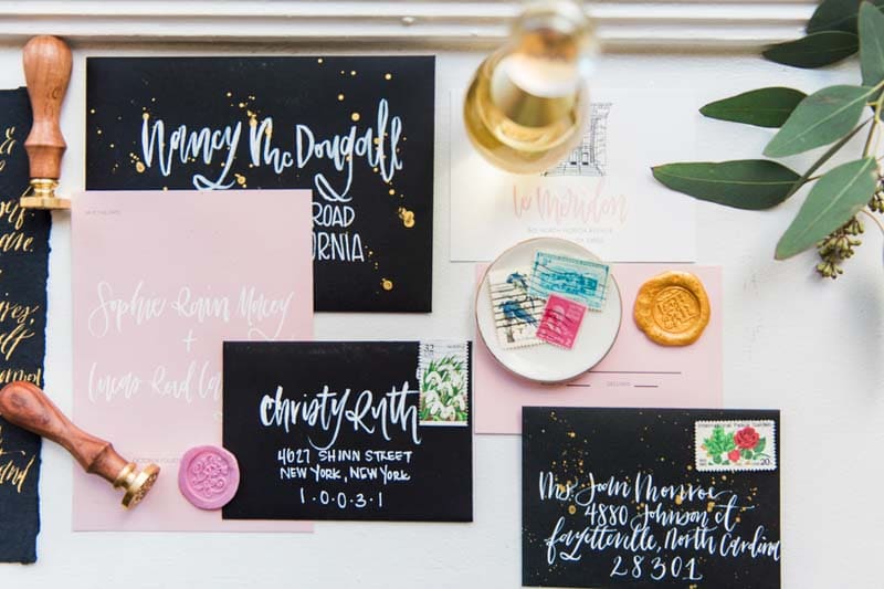 black wedding invitations with gold specs