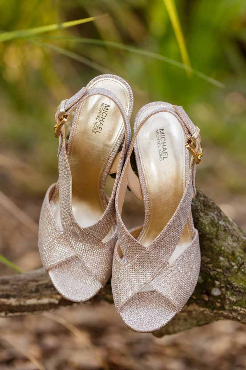 Michael Kohls bridal shoes on tree branch