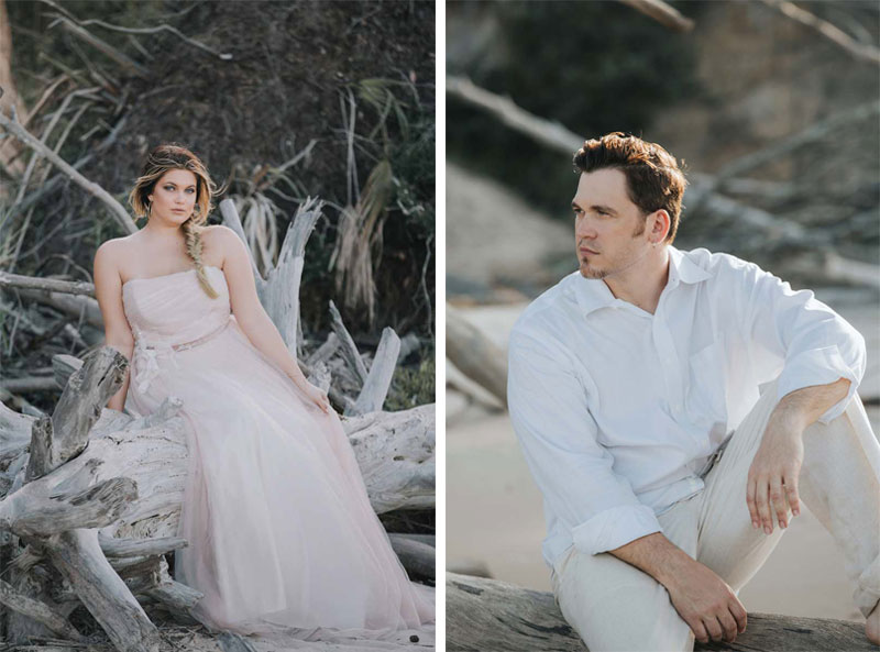 bride and groom on beach driftwood