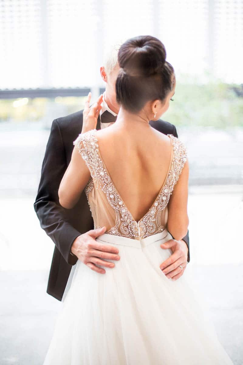 beaded detail on the back of a ballgown 