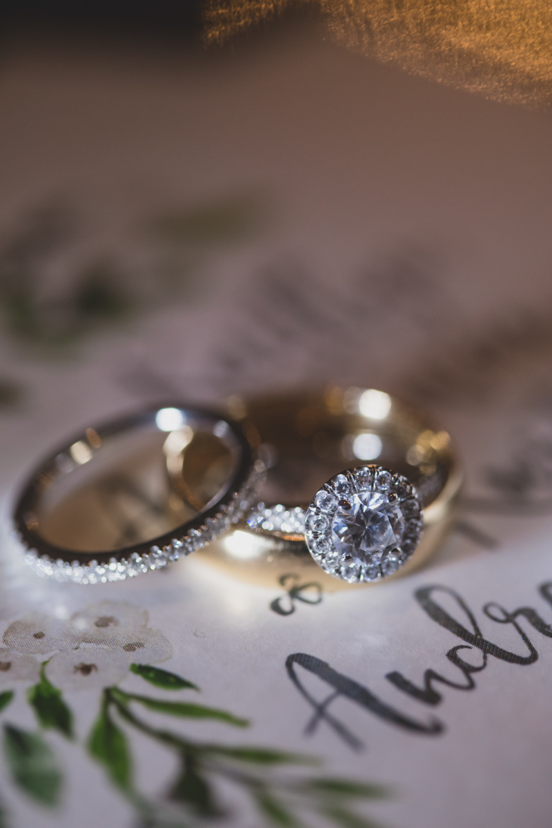 round diamond engagement ring and wedding band on wedding invitation