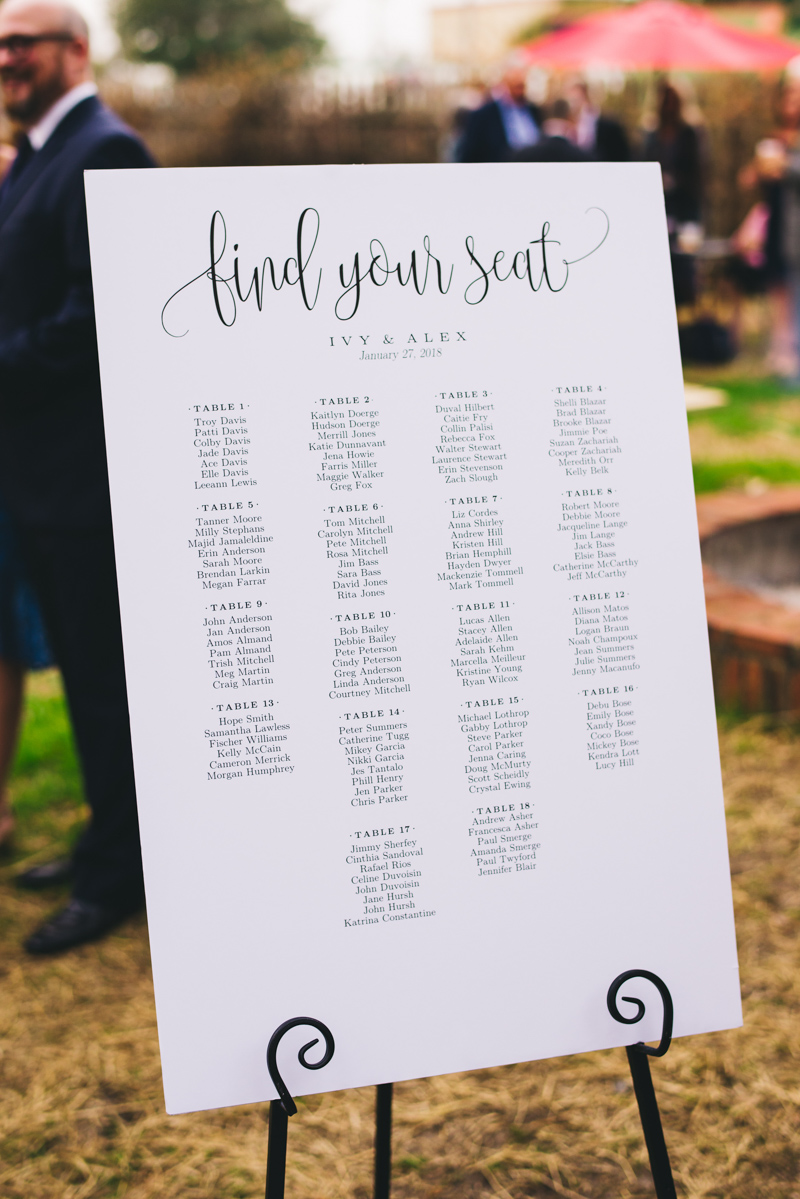 wedding guest seating chart on easel